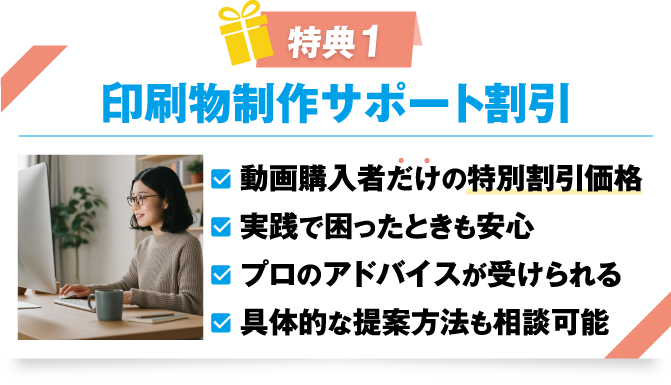 特典1 印刷サポート割引
				・動画購入者だけの特別割引価格
				・6本の動画が約5分ずつに分割
				・プロのアドバイスが受けられる
				・具体的な提案方法も相談可能
